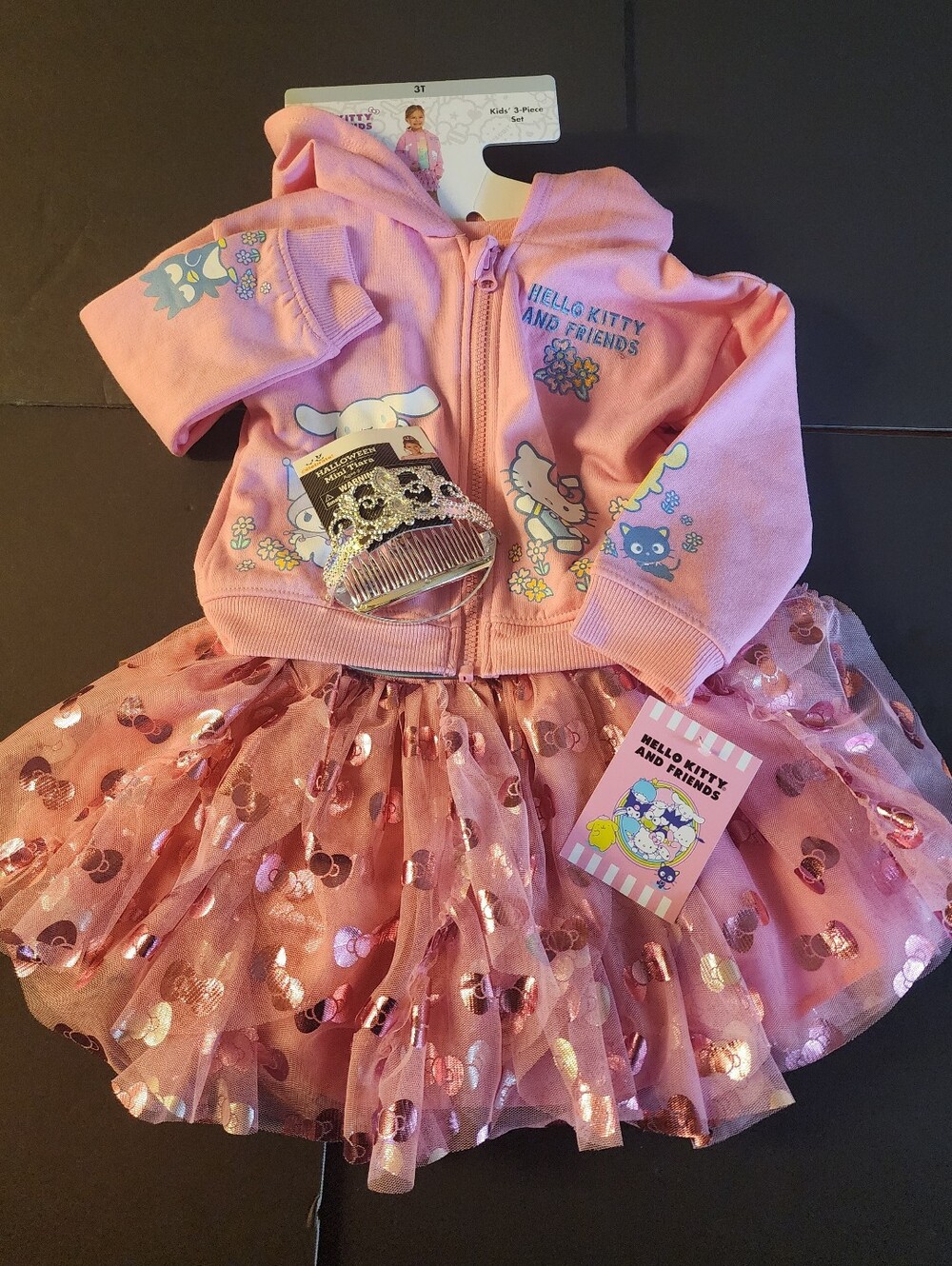 New, Girls 3 PC Set Size 3 Pink Hello Kitty,Tutu,Hoodie & T-shirt,+ Silver Crown